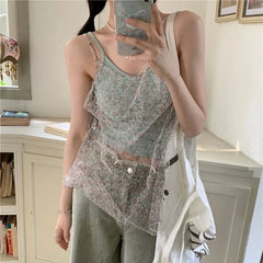 BACK TO SCHOOL OUTFIT Korean Fresh Fairycore Flower Print Mesh Camisole Summer Sexy Slim Fit Vest for Women Y2k E-Girl Two Piece Sets