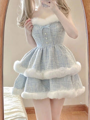 pantsparadises Winter Kawaii Lolita 2 Piece Dress Set Sweet Short Coat Warm + Cute Fashion Y2k Mini Dress Party Japanese Style Suit Woman