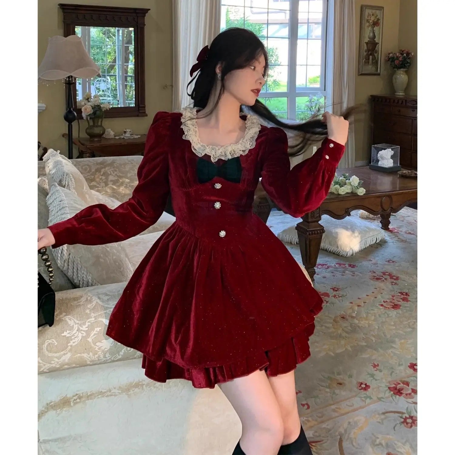 pantsparadises New Year Dress Gagarich Fashion Red Velvet Dress Princess Style Palace Retro French Temperament Slimming Birthday Autumn Winter Women Vestidos