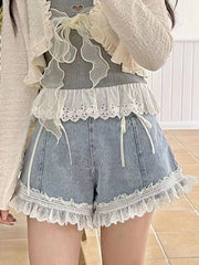 pantsparadises Japanese Sweet Lace-up Denim Shorts Women Summer Lace Ruched Elegant Jeans Female Korean Fashion Bow Hight Waist Shorts New