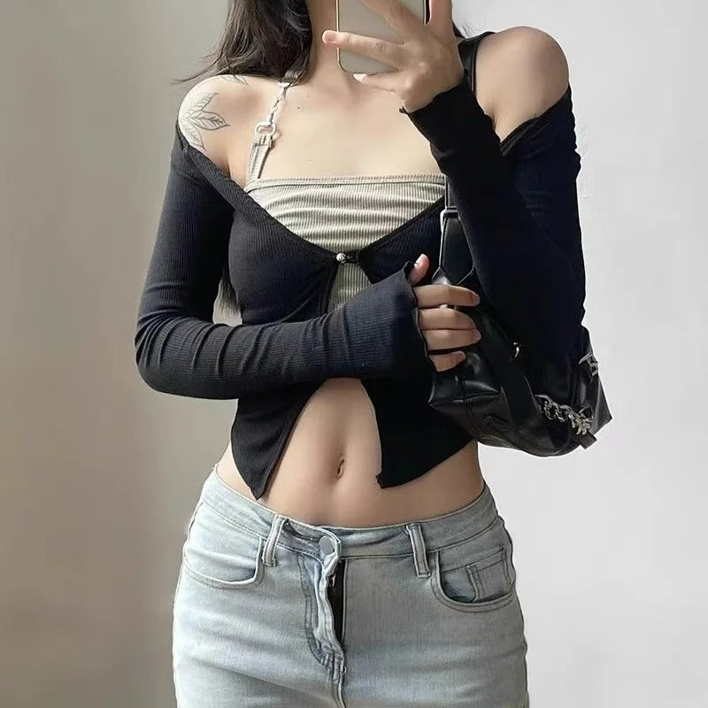 2024 New Sexy Two Piece Set Halter Camisole Crop Top Women V-Neck Hollow Out T-shirt Long Sleeve Versatile Slim TopY2k Clothing