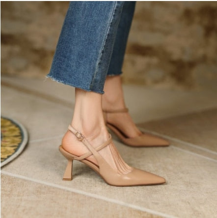 pantsparadises High Heeled Shoes Women Fashion Rome Spring Summer Classics Pointed Toe Stiletto Buckle Sandals Elegant Career Lady Solid Pumps