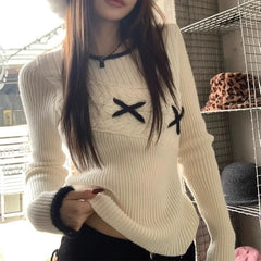 pantsparadises Korean Style Elegant Sweaters Sweet Vintage Long Sleeve Knitted Pullover Autumn Winter Patchwork Sweaters Aesthetics