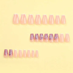 pantsparadises French False Nails White Edge Crystal Blue Gradient Press on Nails Gold Glitter Sequins Lines Full Cover Nail Tips Women Girls