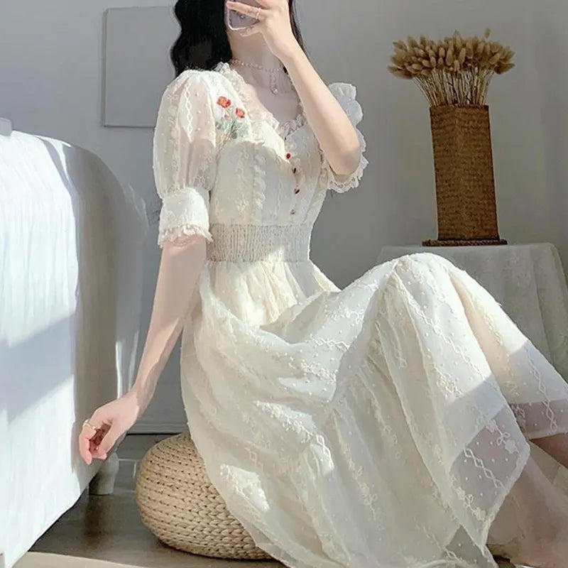 Vintage Lace Fairy Midi Dress Women Summer French Floral Elegant Party Princess Dress Ladies Party One-piece Dress Korean