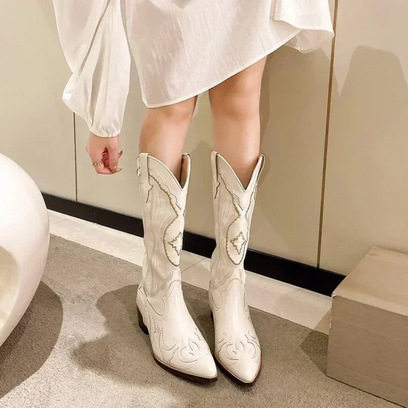 pantsparadises Women's Embroidered Western Mid Calf Boots Cowboy Square Heels Boots Pointed Toe Platform Boots Women Western Shoes Plus Size 42