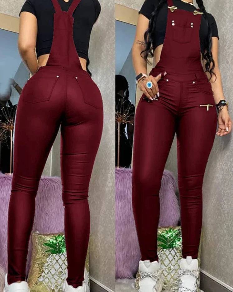 pantsparadises Women One Piece Outfits PU Jumpsuits Buckled Zipper Design Suspender Jumpsuit