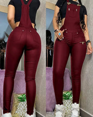 pantsparadises Women One Piece Outfits PU Jumpsuits Buckled Zipper Design Suspender Jumpsuit