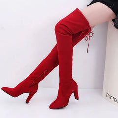 pantsparadises Winter Over The Knee Women Boots Stretch Fabrics High Heel Slip On Shoes Pointed Toe Woman Long Boots Size Plus Size34-43