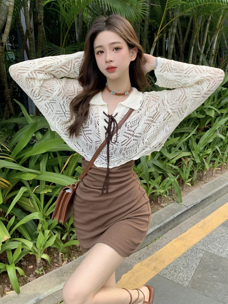 pantsparadises Women Summer Sets Sexy Girl New Design Y2k Spaghetti Strap Mini Slim Dress Hollow Out Crop Smock 2 Pieces костюм женский летний