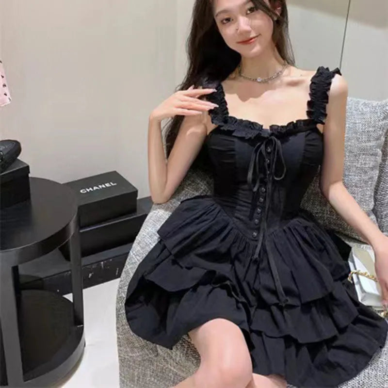 pantsparadises Gothic Black Sexy Slip Dress Y2K Harajuku Streetwear Punk Lace Up Cake Dress Female Summer Korean Fashion Party Ruffles Dresses