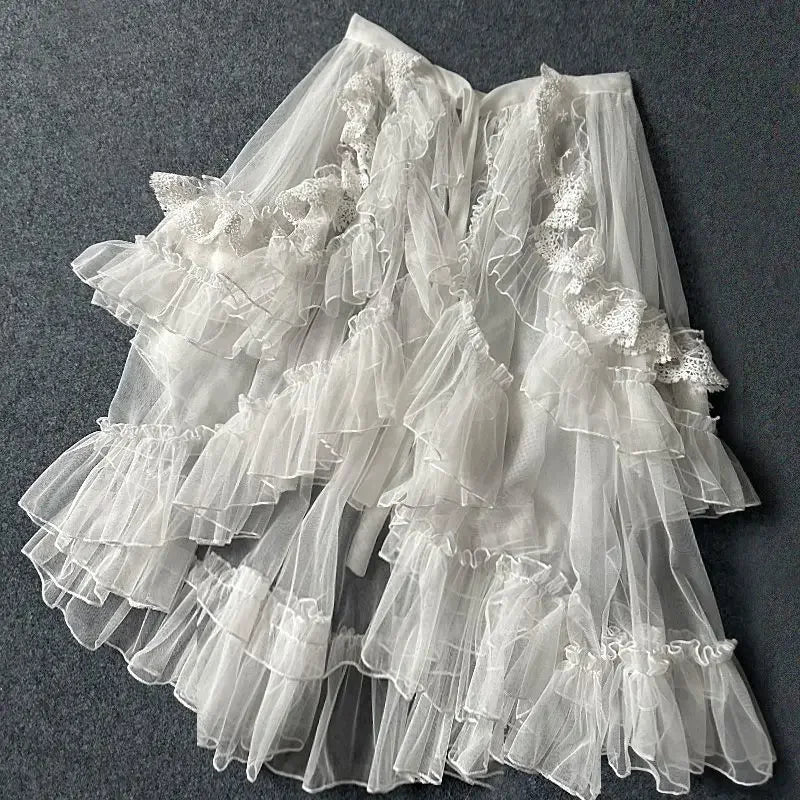 pantsparadises Double Layered Lolita Waist Curtain Sheer Cover Up High Low Skirt w. Asymmetrical Ruffles