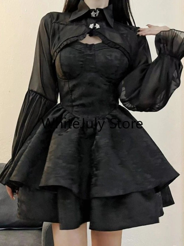 pantsparadises DRESS TO IMPRESS Summer Black Gothic Lolita Short Party Suits Women Long Sleeve Coat + Pure Color Mini Dress Fashion High Waist Outfits Chic