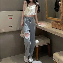 pantsparadises Harajuku Cyber Y2k Trousers Sweet Korean Style Kawaii Lace Stitching Jeans Women Love Hole Streetwear High-waist Wide-leg Pants