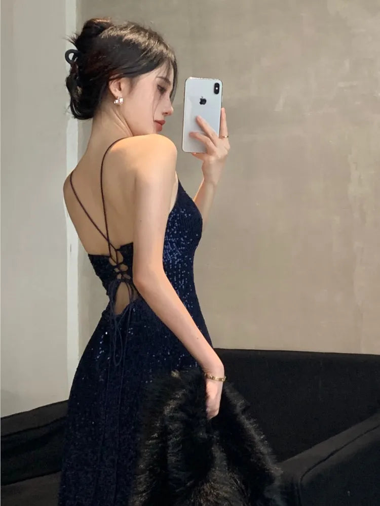 pantsparadises Women's Backless V-Neck Split Maxi Dress Sexy Slim Evening Gown Luxury Dresses Fashion Robe Birthday Party Spring Autumn New