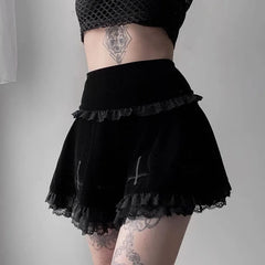 pantsparadises Women Sexy Fashion Cross Summer Embroidery Black Gothic Style Casual Party Stylish Lace Trim Mini Skirts