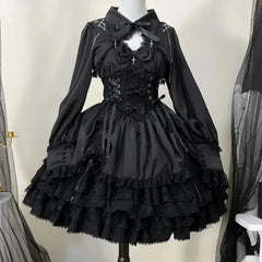 pantsparadises Japanese Victorian Gothic Lolita Dress Women Punk Style Sweet Lace Bow Eveing Party Dresses Harajuku Y2k Cosplay Princess Dress