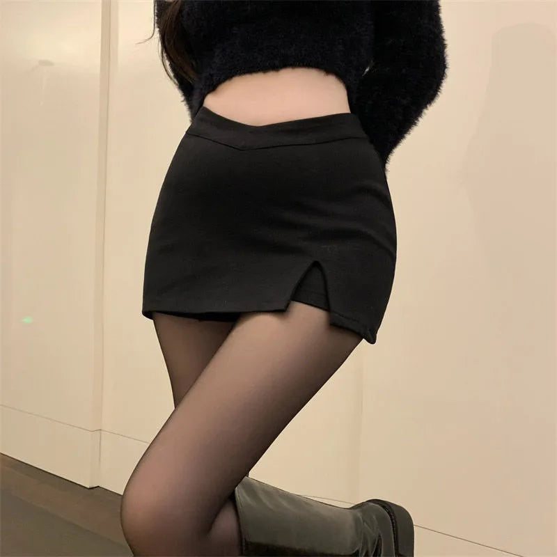 pantsparadises Black Split Mini Skirts Women Summer Sexy Club High Waist Slit Skirt Streetwear Korean Party Fashion Irregular Slim A Line Skirt