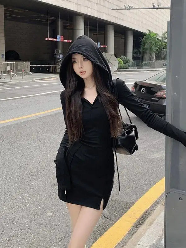 pantsparadises Spring Autumn Fashion New Korean Style Soft Girl Tight Sexy Wrapped Hip Skirt Women's Hooded Long Sleeved Solid Color Dress