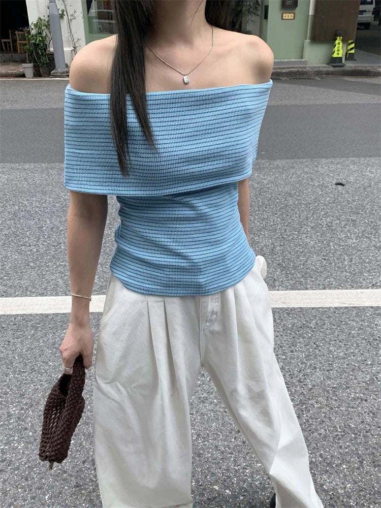 pantsparadises Chic Women Sexy Off Shoulder T-shirt Summer Knitting Stripe Slim Crop Top Y2K Vintage Harajuku White Tee Elegant Female Clothes