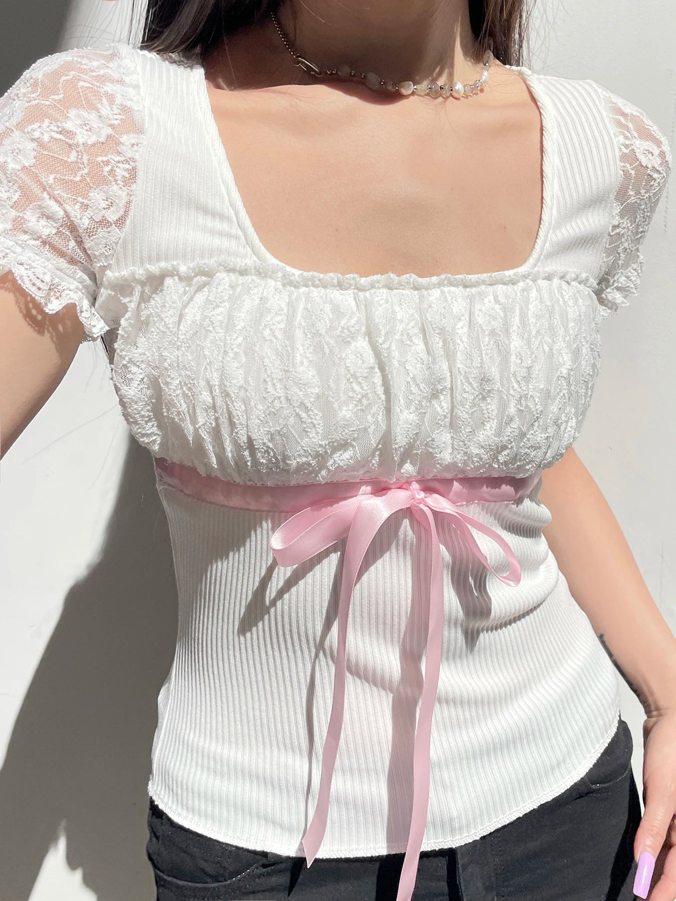 pantsparadises Sweet Y2K Ruched Square Collar Lace Sleeve White T Shirt Women Pink Bow Cute Kawaii Balletcore Clothes