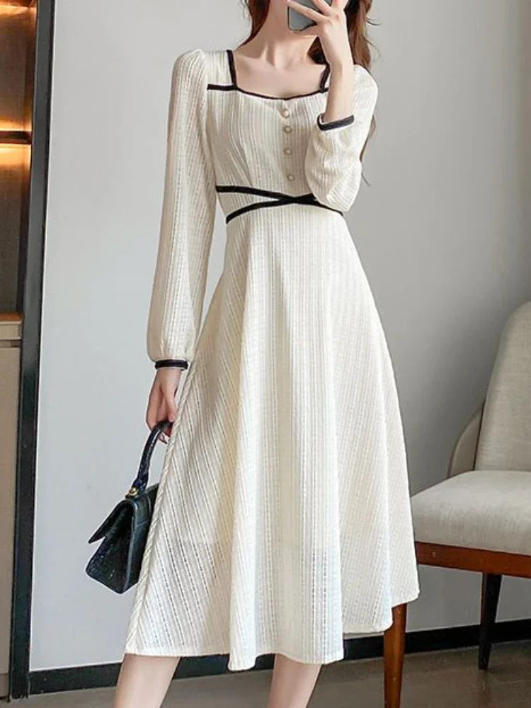 2024 Spring Elegant Korean Midi Dress Women Fashion Slim Long Sleeve Fairy Dress Female Casual Sweet Office Lady Party Dress Y2k