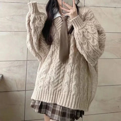 pantsparadises Autumn Winter Women Sweater Harajuku Oversized Knitted Pullovers Korean Long Sleeve V Neck Knitwear Preppy Solid Loose Jumper