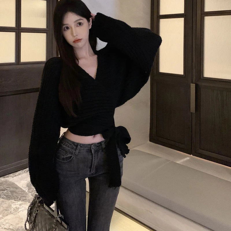 pantsparadises Sexy Vintage Knitted Pullover Women Black Sweater Lace Up Crop Tops Korean Style Long Sleeve Pullovers Solid Aesthetics