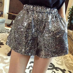 pantsparadises Fashion Elastic Waist Chic Sequined Wide Leg Shorts Summer New Women's Clothing Korean Casual A-Line Loose Pants for Female