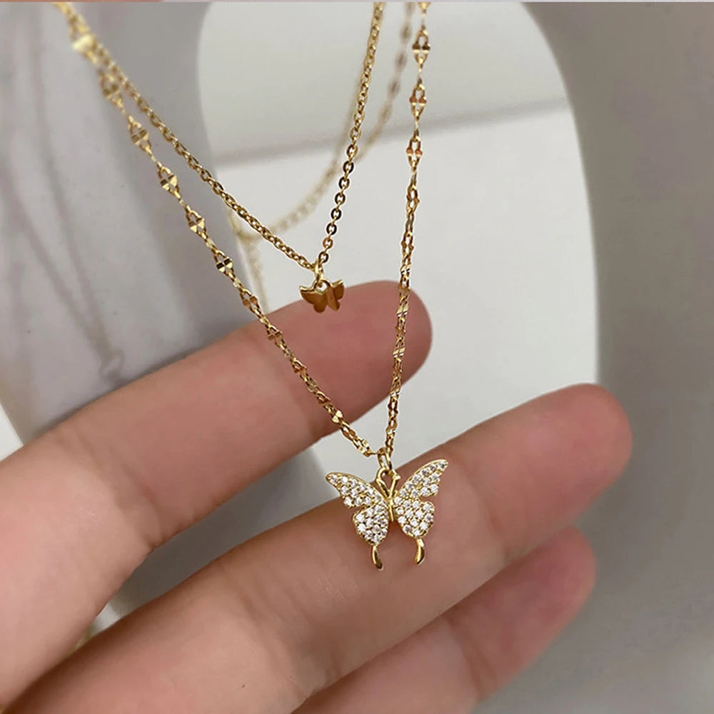 pantsparadises Simple Double Layer Star Moon Charm  Multilayered Necklace Delicate Clavicle Chain Zircon For Women Fashion Jewelry