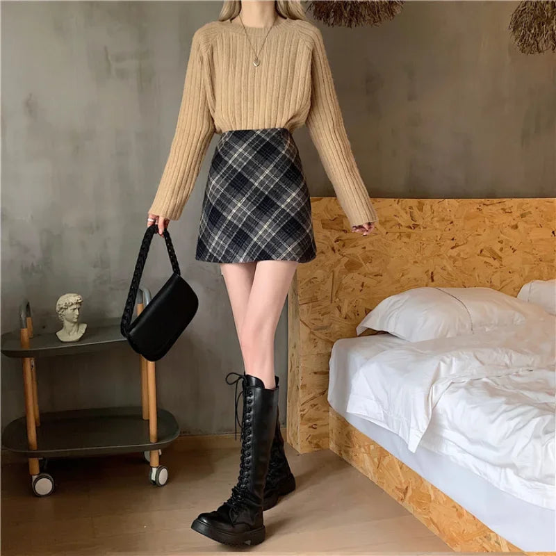 pantsparadises Skirts Women Woolen Tender Fashion High Waist Retro Plaid Elegant A-line Casual Ladies Minimalist All-match Autumn Korean Style