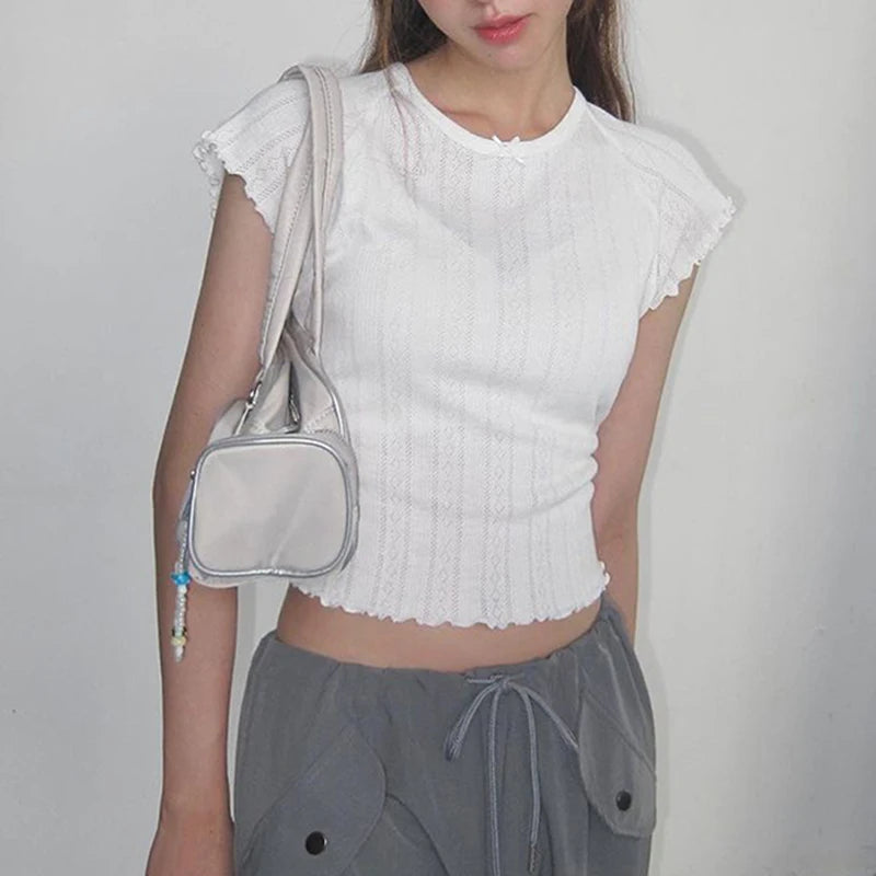 pantsparadises y2k White Short Sleeve Cropped Top Sweet Ruched O Neck Skinny T Shirts Sexy Hollow Out See Through Women T-shirt Vintage