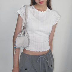 pantsparadises y2k White Short Sleeve Cropped Top Sweet Ruched O Neck Skinny T Shirts Sexy Hollow Out See Through Women T-shirt Vintage