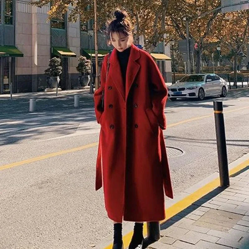 New Large Size 300 Kg Hepburn Style Red Woolen Coat for Women Autumn and Winter Fat Mm Loose Long Thick Woolen Coat