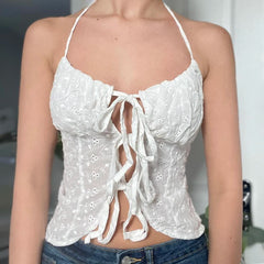 Solid White Bandage Bow Camis Sexy Split Sleeveless Halter Crop Top Women Summer Party Clubwear Y2k Vintage Tees Grunge