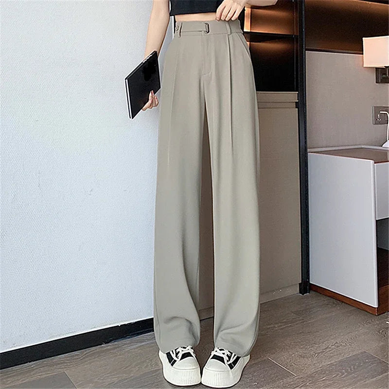 pantsparadises Summer Women's Casual Pants Wide Leg Pants Elegant Office Lady 2024 New Solid Color High Waist Loose Trousers Female