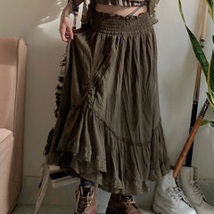 pantsparadises Grunge y2k Loose Skirt Vintage 2000s Drawstring Elastic High Waist Baggy Loose Skirts for Women Harajuku Ladies Clothing