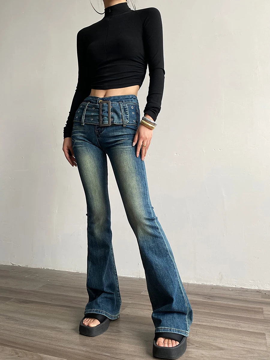 pantsparadises 90s Retro Black Blue Belt Flare Jeans for Women Distressed Bootcut Pants High Waist Slim Fit Bell Bottoms Y2k Trousers