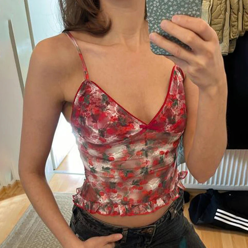 pantsparadises Vintage y2k Mesh Crop Top Women Summer Floral Print Sleeveless Patchwork Spaghetti Strap Tops Ladies Sexy Aesthetic Tees