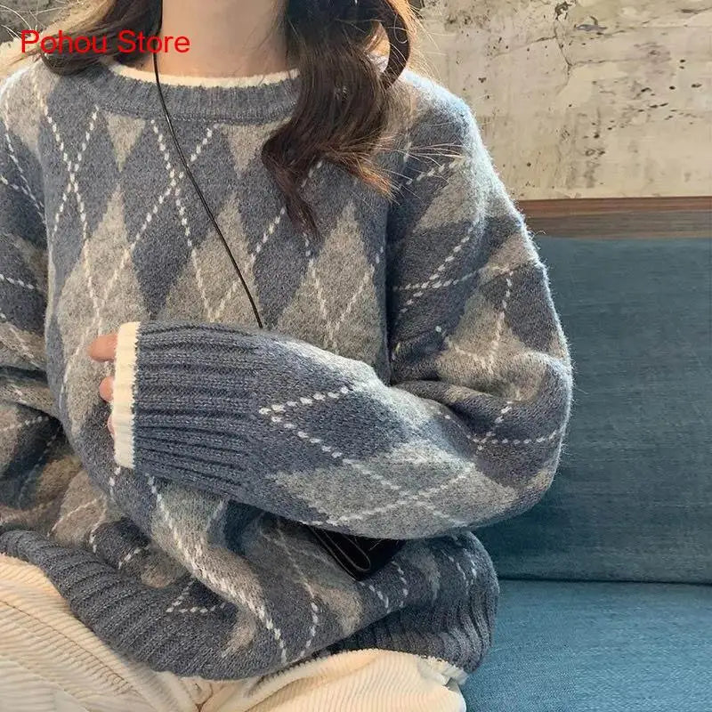 pantsparadises comfy outfits winter Winter Argyle Loose Knitted Sweater Pullovers Sweater Korean College Style Women Jumper