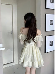 pantsparadises Summer Elegant Ruffles Fairy Dress Women Casual Sweet Lolita Party Dress Long Sleeve One Piece Dress Korean Female Fashion