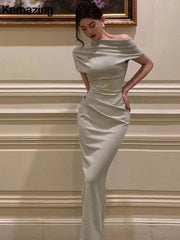 pantsparadises DRESS TO IMPRESS Solid Bodycon Evening Party Dresses for Women Fashion Off Shoulder Prom Vestidos Summer Korean Robe Female Clothing