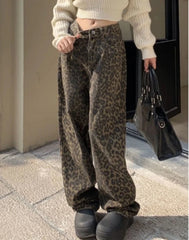 Vintage Leopard Print Pantalon Femme Wide Leg Pants Women High Waist Straight Y2k Jeans Casual Fashion Korean  Jean Trousers