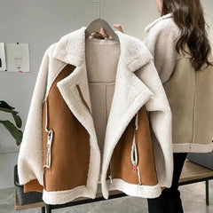 pantsparadises aspen outfits winter  Fall Winter Women Jacket Thick Heat Retention Loose Women Coat Turn-down Collar Long Sleeves Lambswool Windproof Coat