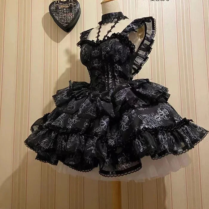 pantsparadises DRESS TO IMPRESS Sweet Girls Lolita Jsk Dress Women Vintage Y2k Bow Ruffle Flyling Sleeve Party Princess Dresses Japanese Fairy Ballet Mini Dress