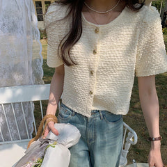 pantsparadises Korean Chic O-neck Short Sleeve Shirt Women Fashion Buttons Slim Short Tops Female Blouse Ladies Elegant Summer Blouses