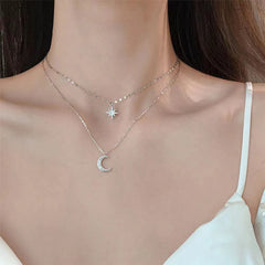 pantsparadises Simple Double Layer Star Moon Charm  Multilayered Necklace Delicate Clavicle Chain Zircon For Women Fashion Jewelry