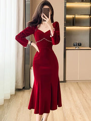 pantsparadises Women Red Velvet Elegant Christmas Dress Autumn Winter Chic Diamonds Square Collar Luxury Dress Korean Vintage Night Dress