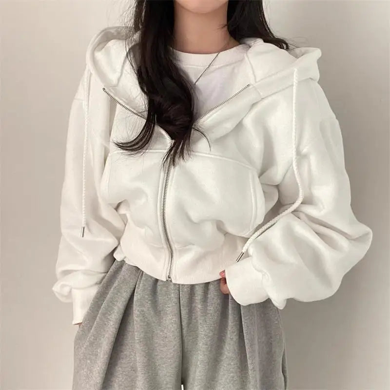 pantsparadises casual winter outfits Short hooded Sweatshirt Women Y2K Zip Up Hoodies Harajuku Long Sleeve Tops Oversized Crop Top Female Loose Jackets Coat