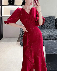 pantsparadises Elegant Midi Red Mermaid Dress Women Autumn Korean Sexy V-neck Irregular Sequins Dress Vintage Casual Evening Party Dress